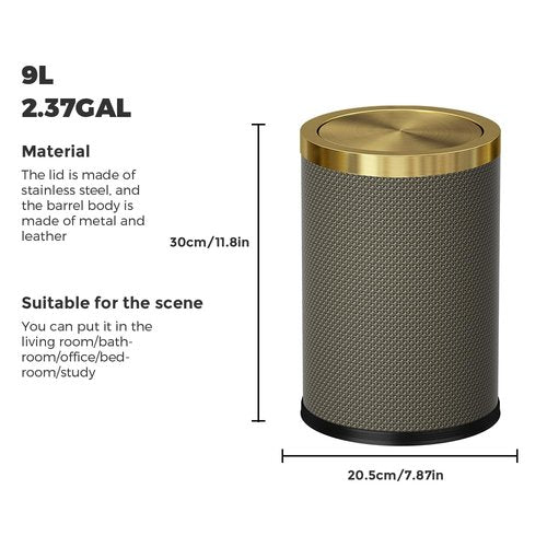 YOJIA 2.4 Gallon Bathroom Trash Can with Lid, Pu Leather Modern Garbage Can, Round Decorative Waste Basket, for Near Desk, Powder, Bedroom, Hotel, Office, Home (9L-Checked Grey)