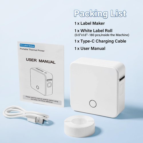 DETONGER Label Maker Machine with Tape P0 Rechargeable Bluetooth Mini Label Printer Portable Small Thermal Labeling Machine Easy to Use for Home Office School Organization Battery Included White