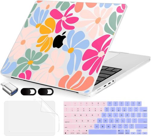 MecBevia MacBook Pro 16 Inch Case - Hard Shell Cover with Keyboard & Screen Protector | Colorful Flowers