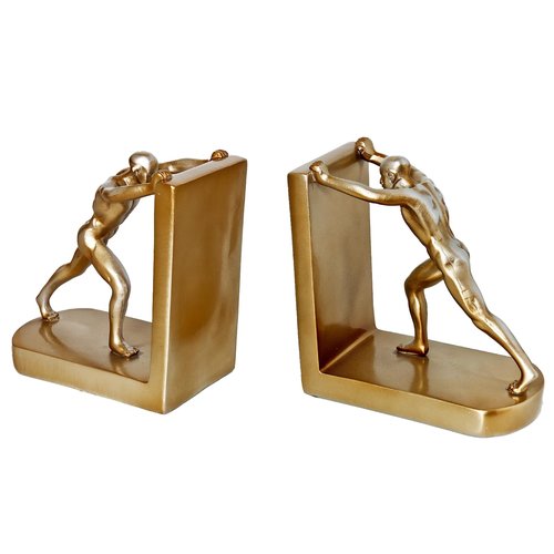 Gold Man Pushing Bookends for Shelves, Modern Resin Decorative Book Ends for Heavy Books, Unique Book Holders for Home Office Desk Decor