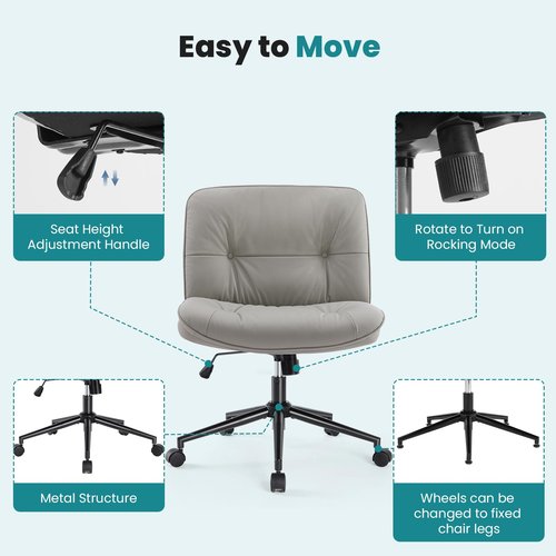 OLIXIS Criss Cross Chair with Wheels, Legged Home Office PU Leather Wide Armless Desk Seat, Rolling Adjustable Swivel Ergonomic Comfy Vanity Seating