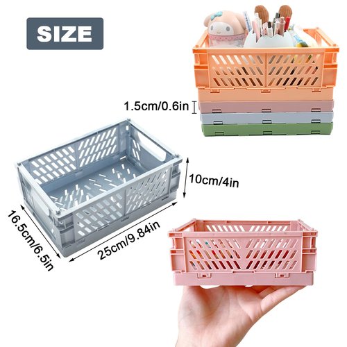 Dotbengc Small Storage Crates, Plastic Folding Baskets, Foldable Storage Bins, Stackable Collapsible Crates for Desk Organizing, Pastel Cute Basket Containers for Bedroom Home Office Organizer, 4Pack