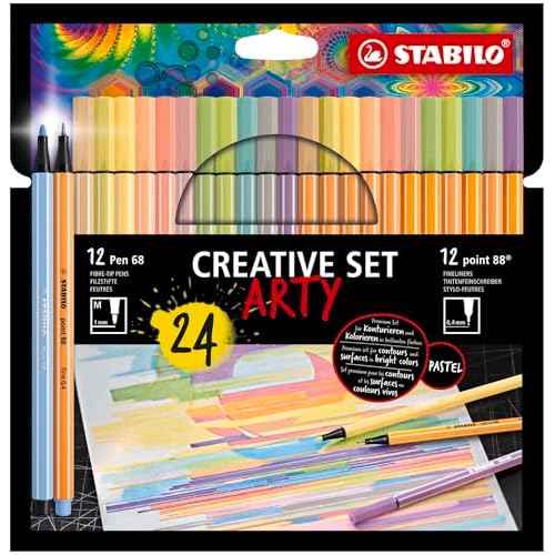 STABILO Fineliner + Premium Fiber-Tip Pen point 88 + Pen 68 - ARTY - Pack of 24 - Assorted Pastel Colors
