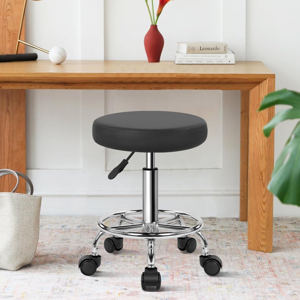 WKWKER Round Rolling Stool - Height Adjustable PU Leather 360° Swivel Chair | Grey with Footrest
