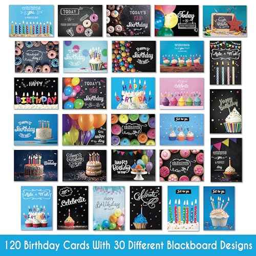 120 Birthday Cards Bulk- Happy Birthday Cards with Envelpoes,30 Unique Blackboard Designs, Large 5x7 Inches, Includes Kraft and White Envelopes ? Assorted Birthday Cards for Business & Personal Use
