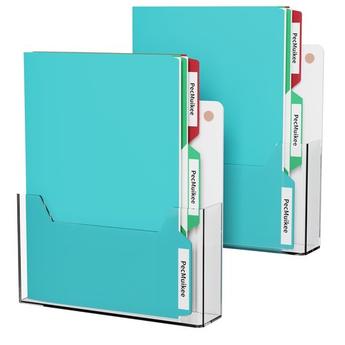PecMuikee Wall File Organizer, Vertical Acrylic Mail Magazine Holder Wall Mount, 4 Colors of Screw Caps Included Hanging File Organizer for School, Office, Hospital, 2 Pcs