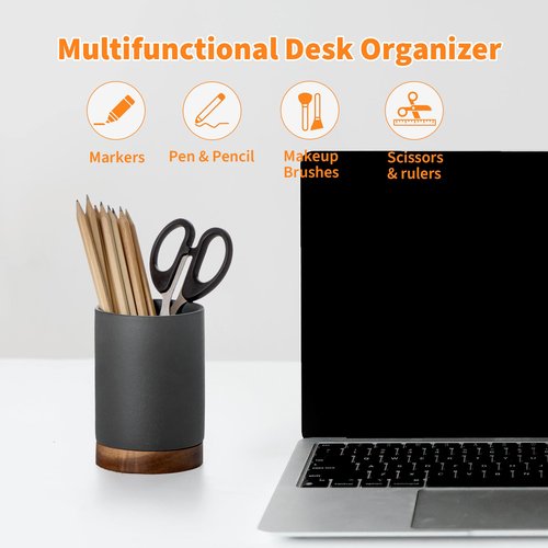Pen Holder for Desk, Ceramic Pencil Organizer & Makeup Brush Holder, Office Decor and Desk Accessories，Perfect Office Organization,Teacher Supplies (Dark Grey, Set / 2)