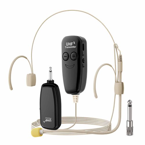Wireless Headset Microphone, UHF Skin Tone Head Mic Speaker System, Beige Professional Voice Amplifier Microphones, with 164ft Range, Ideal for Teachers, Tour Guides, Fitness Coaches, Conferences