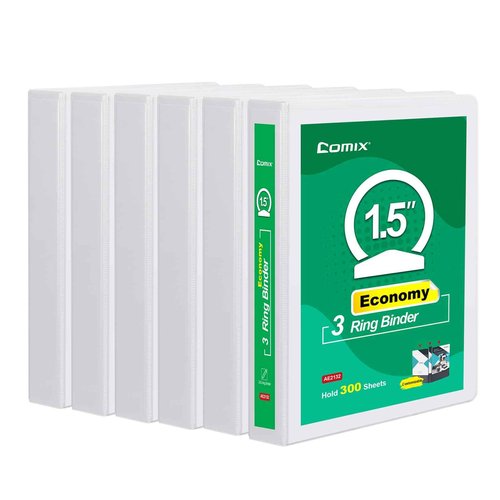 COMIX 3 Ring Binder 1 1/2 inch with Clear View Cover,1.5" Round Ring Binder,Holds 300 Sheets of US Letter Size Paper, 6 Pack (White)