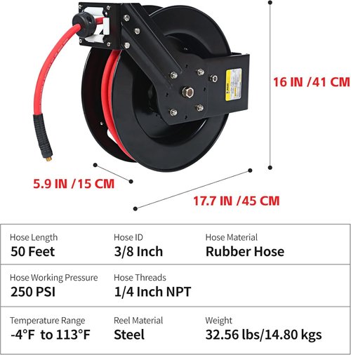 MaxWorks 50-Foot Retractable Air Hose Reel - 3/8" Heavy-Duty Rubber Hose, 250 PSI, Brass Fittings | Ideal for Garage & Workshop