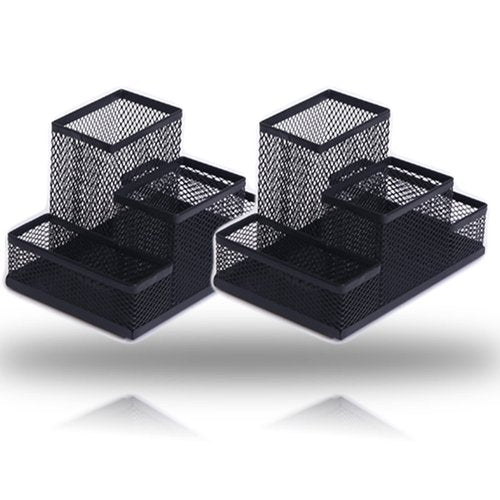 koofull 2 Packs Desk Organizer Desktop Mesh Pen Pencil Holder Caddy with 4 Compartments, Office Home School Classroom Accessories Cool Supplies (2Pcs Black)