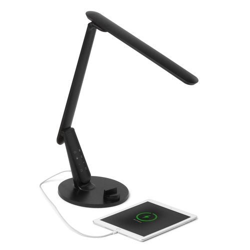 BARMIKA Bright Office Desk Lamp, Dimmable LED Task Light with USB Charging Port, Desktop Phone Holder, Adjustable Desk Light for Dorm, College, Classroom, Office, Black