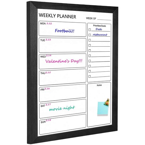 Dry Erase White Board Weekly Calendar Board, Magnetic Whiteboard for Wall,17.7“x23.6 Solid Wood Black Framed Message Board, Planner Board for Office, Home, School（Weekly-BB-BK-4560
