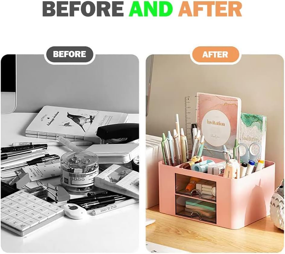 Stationary Organizer - 7-Grid Desk Organizer with Drawer | Multifunctional Plastic Pen Holder for Home & Office (White)