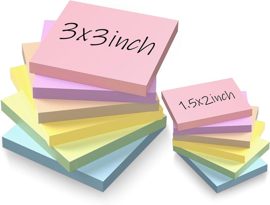 (12 Pack) Sticky Notes 3x3 + 1.5x2 in Small Sticky Note, Self-Sticky Note Pads | Sticks Strong & Removes Clean | Recycled Paper Cute Sticky Notes to School Supplies, Office Products, 6 Colors