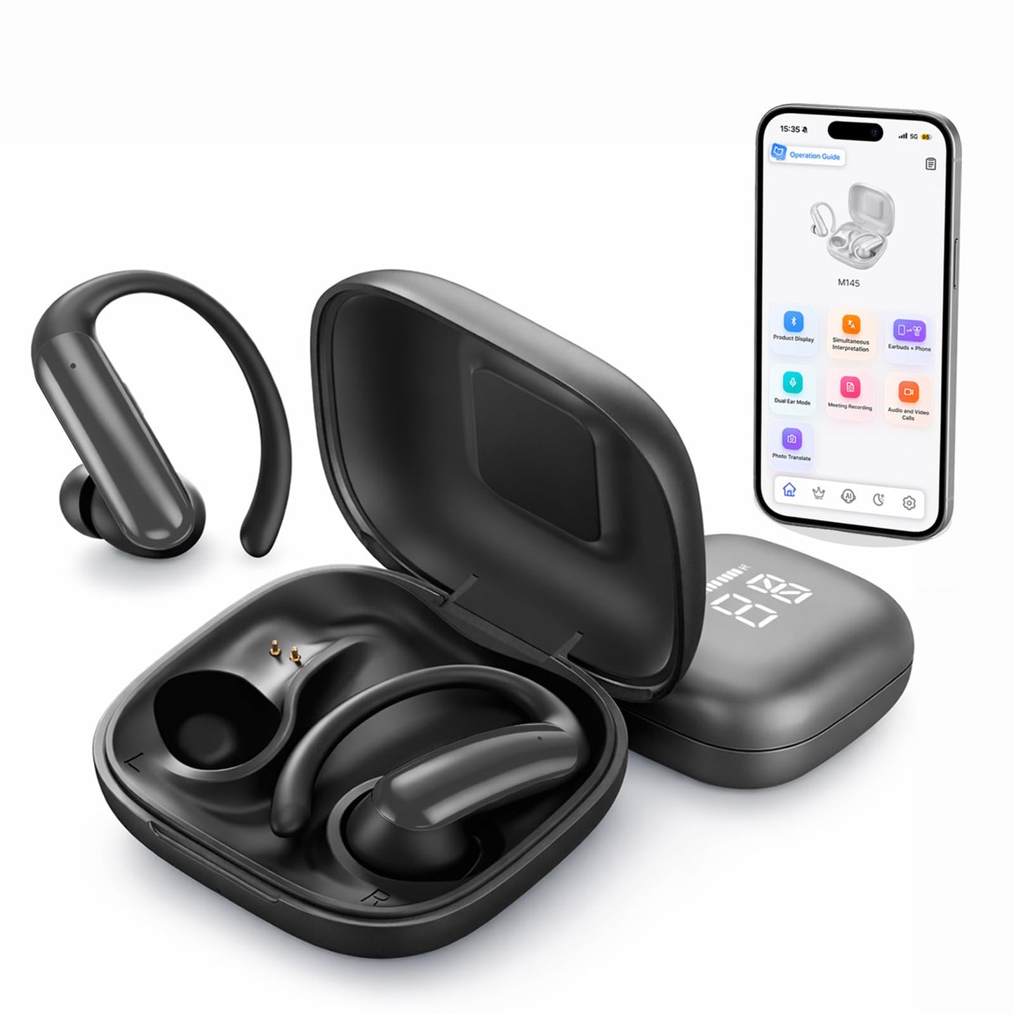 linktoonex AI Translator Earbuds Real Time 139 Languages, Bluetooth Translation Earbuds with LED Display, No Subscription, Open Ear Design for Learning Travel & Business Meetings with Charging Case