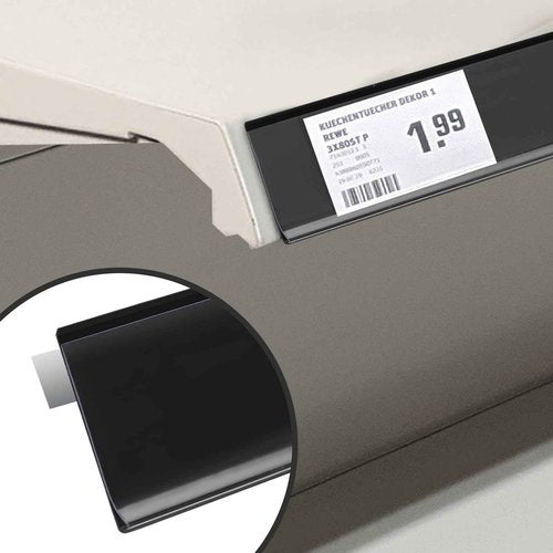Pro Painter 50 Pack Self Adhesive 1.25'H Shelf Strip Price Tag Holder for Plastic, Metal and Wood Gondola Shelf, Clear Plastic Front/Black Back Sign Holder