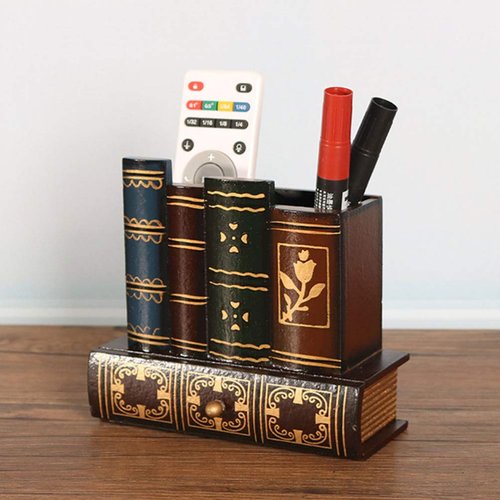 NUOBESTY Retro Pen Cup Holder Book Style Wooden Pencil Organizer Desktop Remote Pen Compartment Stand Home School Office Faux Book Pencil Caddy