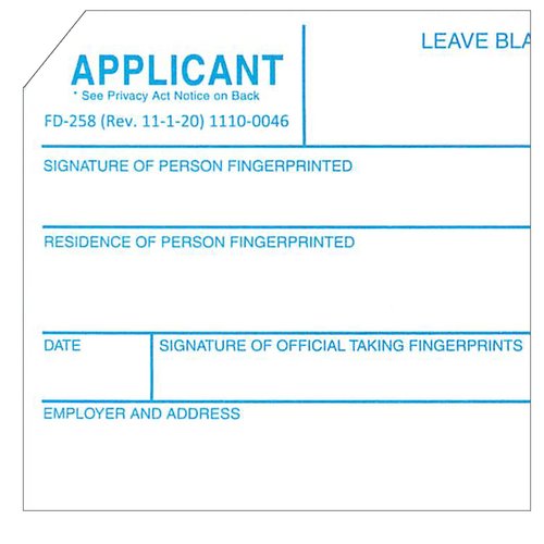 Crime Scene Fingerprint Cards, Applicant FD-258 (Pack of 50)