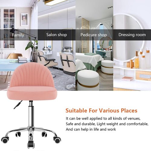 KKTONER Rolling Stool Swivel Office Chair Velvet Vanity Chairs Height Adjustable stools with Back for Bedroom Home Makeup Cosmetic Drafting(Pink)