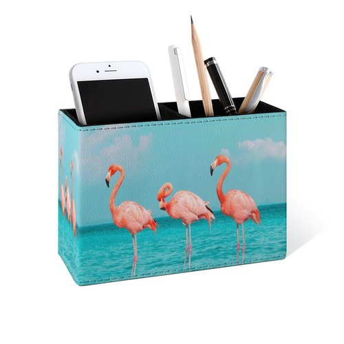 Famame Flamingo in Sea Tropical Beach Pencil Holder for Desk, Leather Desktop Container Pen Cup Storage Study Table Pen Organizer Makeup Brush Holder for Classroom Office Home