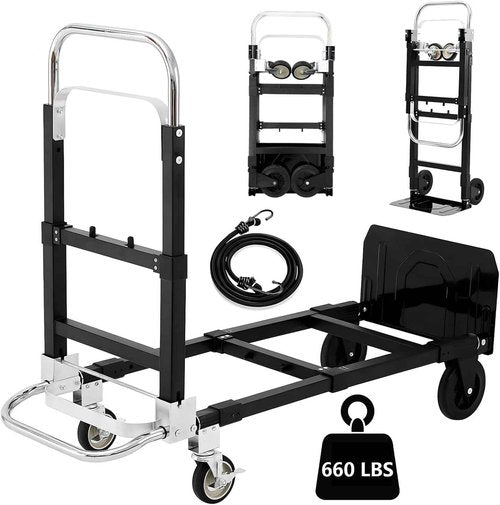 SST Upgraded Folding Hand Truck Dolly Cart, 660 LB Heavy Duty Luggage Cart, 3 in 1 Folding Hand Cart with Wheels and Bungee Cords for Moving Travel Shopping Airport Office