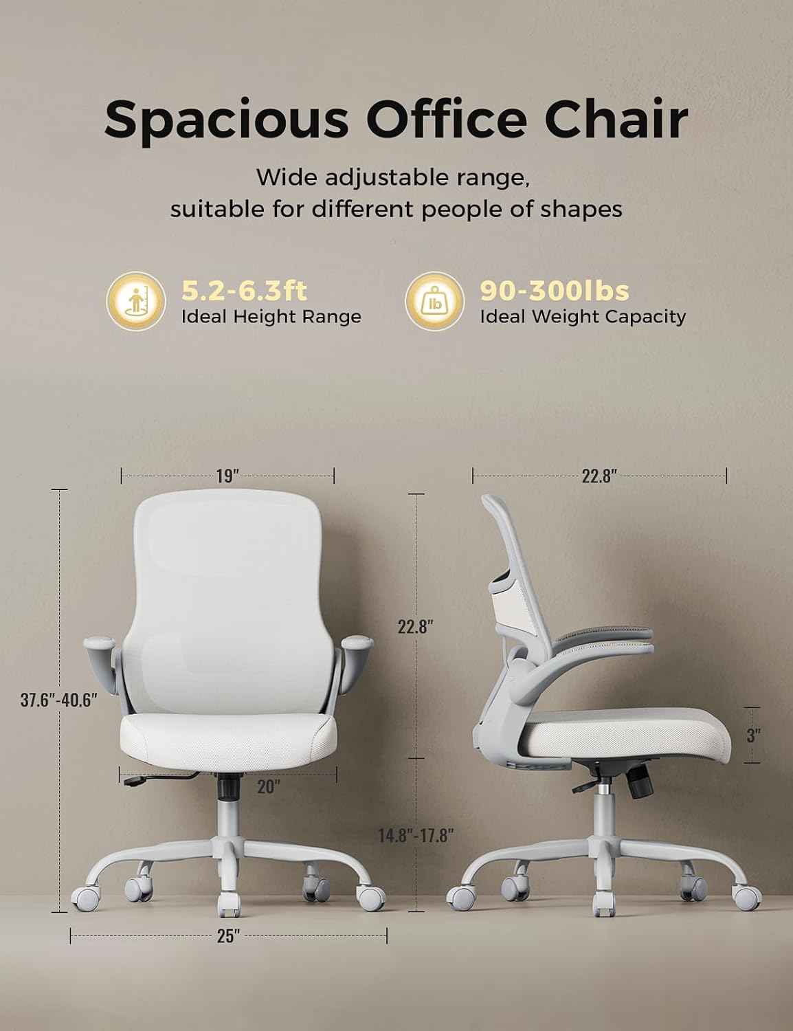 Skiennix Ergonomic Office Chair - Mesh Design with Adjustable Height, Flip-Up Armrests & Lumbar Support | Gray