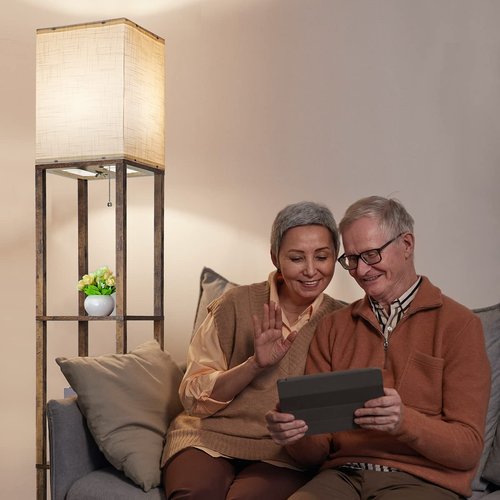 Dott Arts Floor Lamp with Shelves, 3 Color Temperature LED Bulb, Wood Texture, Storage, Brown