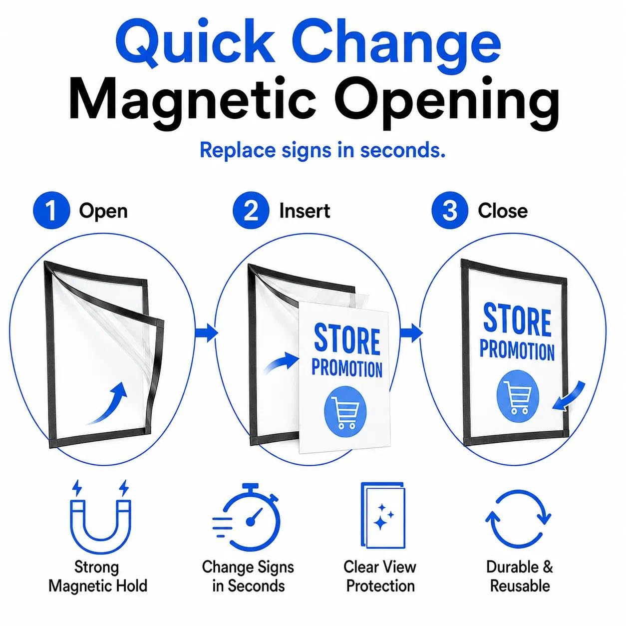 Magnetic Sign Holder 8.5 x 11, 5 Pack Self Adhesive Magnetic Frame for Letter Size Paper, Clear PVC Quick Change Sign Display Sleeve for Glass, Wall, Office, Store & Restaurant