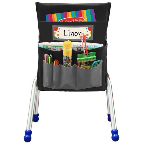 AUVCAS Black Chair Back Pocket School Seat Chair Storage Pocket Organizer with Label Slot Multiple Pockets for School Home Classroom Preschool Daycare