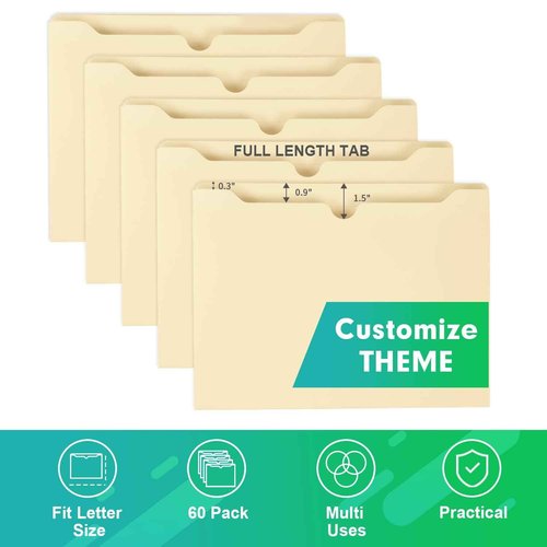 File Folders Jacket, HERKKA 60 Pack Letter-Size Manila File Folders, Expandable up to 2 Inches for Extra Storage, Reinforced Straight -Cut Tab, Ideal for Office, School, and Home Use