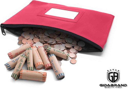 Money Bank Deposit Bag with Zipper | 11x6 inch | Pink | Durable Leatherette Money Cash Coin Check Wallet Pouch for Men & Women with Framed ID Window and Blank Card | by GIDABRAND (10)