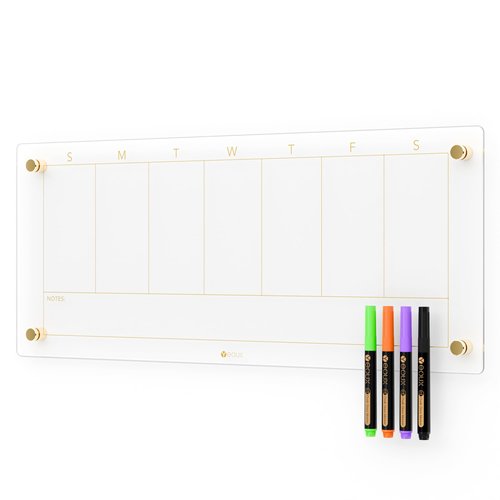 Clear Glass Weekly Dry Erase Calendar Non-Magnetic Whiteboard for Wall, 7 Day to Do List, Menu & Meal Planner White Board for Kitchen Home Office, 23x9.5, 4 Markers Included, Yeoux