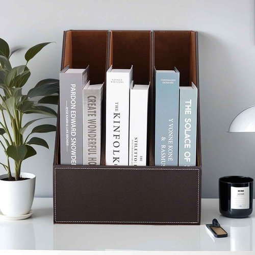 KINGFOM Desktop Wooden Leatherette Magazine File Holder-Organizer-3 Compartment Stand Rack-Papers Storage Box (brown)