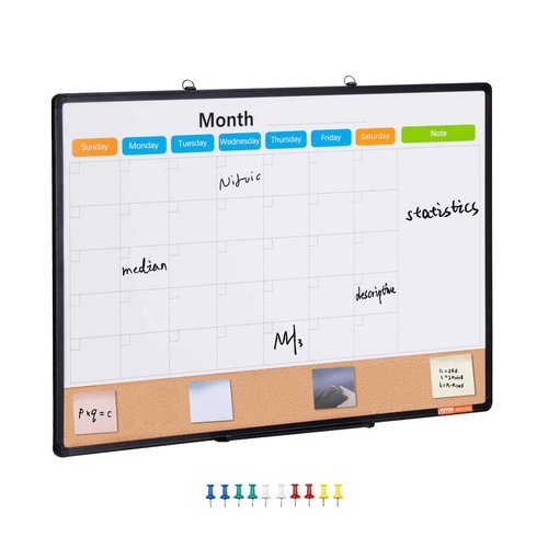 VEVOR 36"x 24" Monthly Calendar Whiteboard & Cork Board Combo with Aluminum Frame – 2-in-1 Magnetic Dry Erase Bulletin Board for Wall Mount – Ideal for School, Home, Office