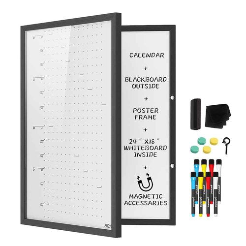 INNOVART Hidden Magnetic Dry Erase Whiteboard 24”x18”, Secret Dry Erase Board, Secret Marker Board Poster Frame w/Chalk Board Surface, Foldable Whiteboard Includes Poster, Acrylic Protect Film, Maker