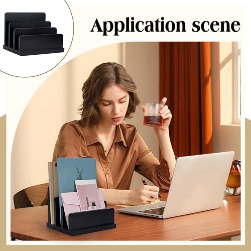 FINGERINSPIRE Black Bamboo Countertop Mail Holder with 4 Different Sizes Slots, Rectangle Bamboo Mail Organizer Vertical Desk Letter/File/Paper/Folder/Bill Holder for Home or Office Desktop