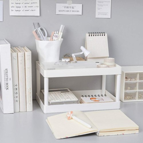 Hemoton Desktop Storage Rack Organizer Double-Layer Cosmetic Stationery Storage Holder Table Sundries Display Shelf for Kitchen Bathroom Office Dorm White