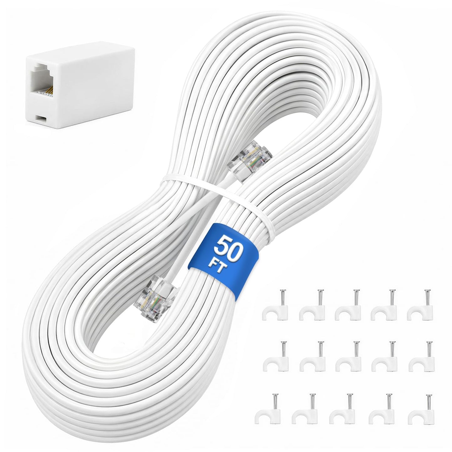 Uvital 50FT Phone Extension Cord RJ11 with Coupler & Cable Clips, White