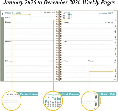 2026 Planner - Monthly Planner with Flexible Cover, Inner Pocket | 8.5" x 11", Green-B