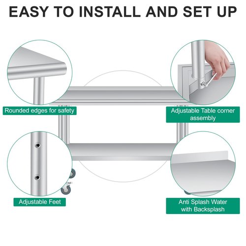 Stainless Steel Table for Prep & Work 60 x 24 Inches with Backsplash and 4 Caster Wheels Commercial Heavy Duty Kitchen Worktable with Adjustable Under Shelf for Restaurant Business Home Outdoor