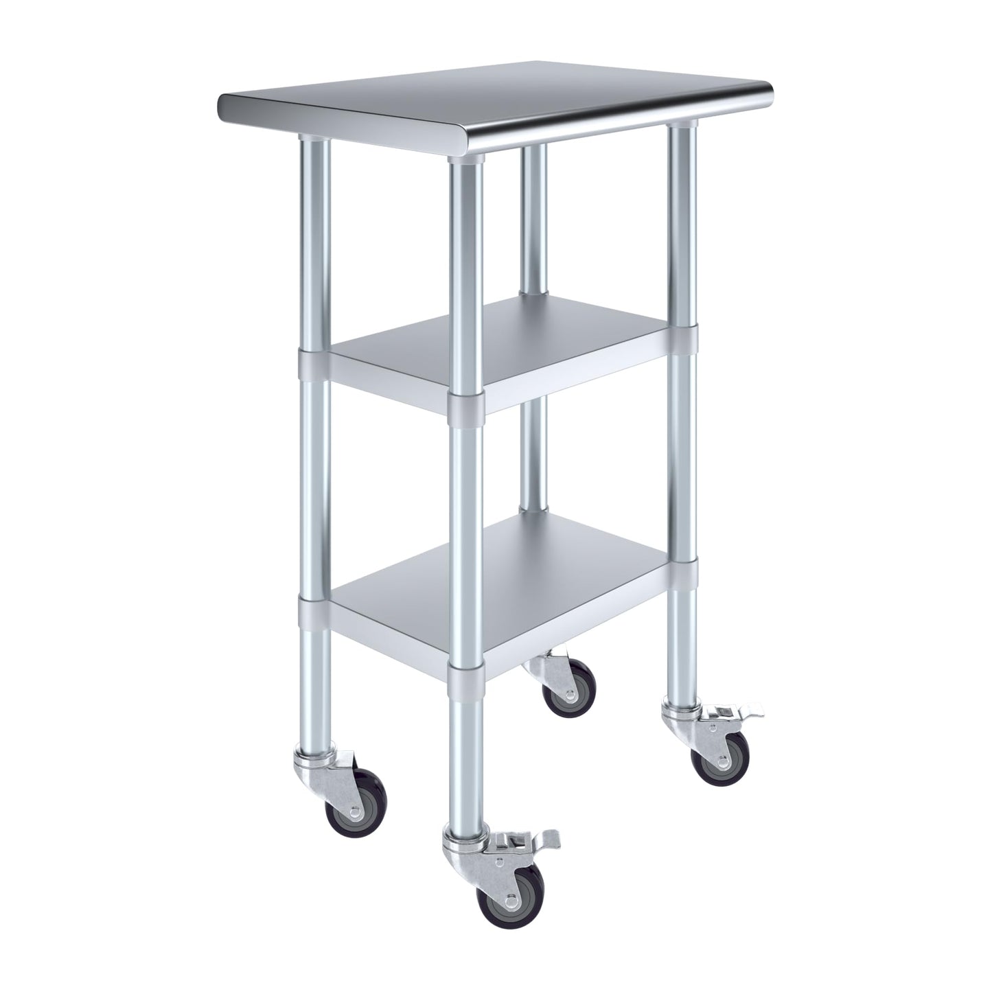 AmGood Stainless Steel Work Table with 2 Shelves and Casters | Metal Utility Table On Wheels (Stainless Steel Work Table with 2 Shelves + Casters, 24" Long x 18" Deep)