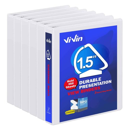 3 Ring Binder 1-1/2 Inch, ViVin Sturdy 1.5"-Slant D Ring Binder with 2 Interior Pockets, Clear View Cover, PVC-Free, Fits 350 Sheets of US Letter Size Paper (6 Pack, White)