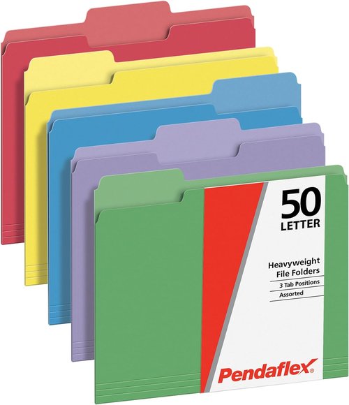 Pendaflex Heavy Duty File Folders - 50 Pack, Letter Size (8.5" x 11") | Extra Durable, 5 Assorted Colors for Easy Organization