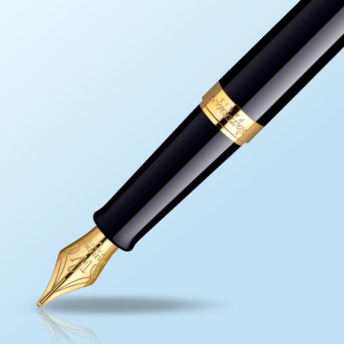 Waterman Hémisphère Fountain Pen Black with Gold Trim Medium Nib Blue Ink Gift Box