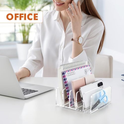 BEYGORM 2 Pack Acrylic Mail Holder, Clear Desk Organizer with Divider, Vertical Letter Sorter for Desktop, 5 Compartments Modern Office Home Envelope Organizer for Bill, Document, Notebook