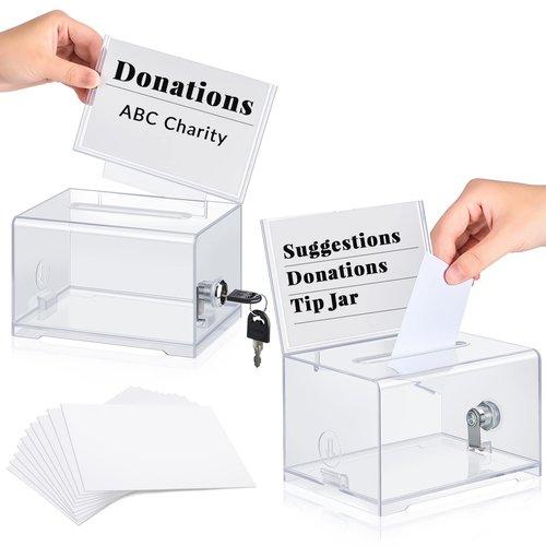 Lewtemi 2 Pack Acrylic Donation Box with Lock and Sign Holder Clear Ballot Box 6.25'' x 4.5'' x 4'' Suggestion Boxes Storage Container with White Cardboard for Fundraising Voting Charity Tip