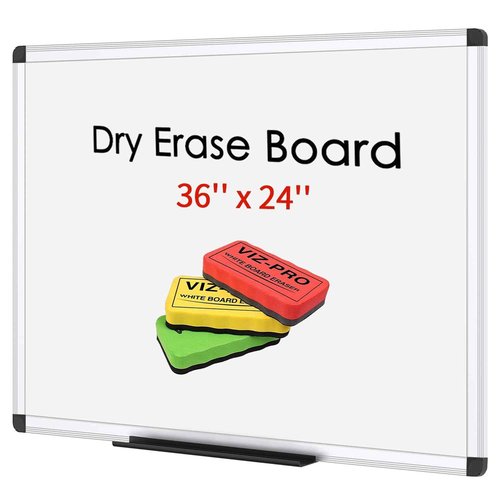 VIZ-PRO Magnetic Dry Erase Board, 36 X 24 Inches, Silver Aluminium Frame, with 3 Colored Erasers