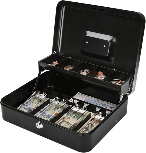 Jssmst Large Cash Box - Secure Money Organizer with Tray & Lock | 11.8" x 9.5" x 3.5", Black