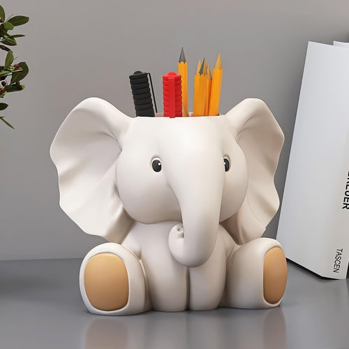 ZKSYLSM Elephant Pencil Holder, Cute Resin Pen Cup Desk Organizer, Decorative Animal Statue Pen Holder for Office, Home Workspace and Gift for Elephant Lovers